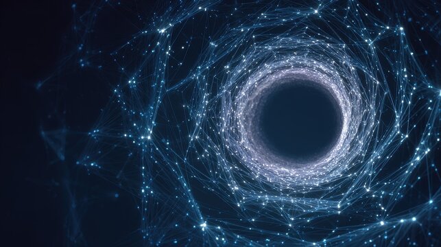 High quality photo of a cosmic black hole with glowing accretion disk and stellar debris