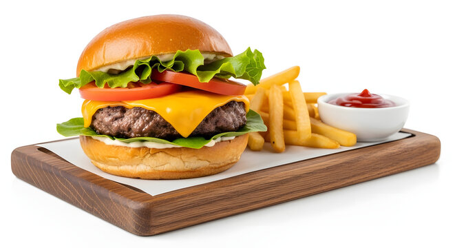 Delicious gourmet cheeseburger with fresh lettuce, tomato, and melted cheese on a rustic wooden table, white isolated background, studio lighting - Powered by Adobe