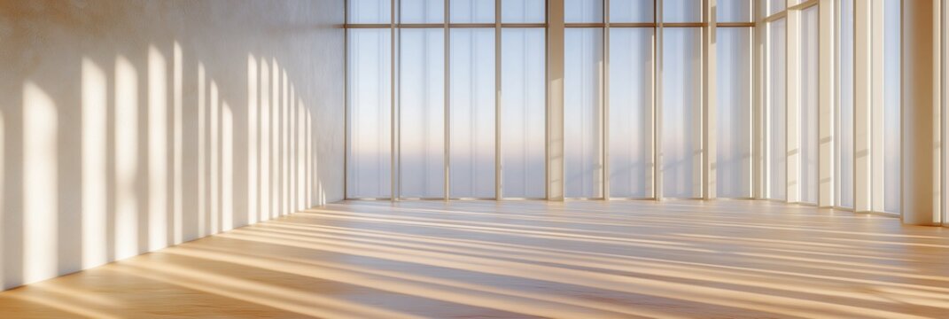 Empty glass atrium, sunlight pouring in through tall windows, casting shadows of structural beams across layered floors