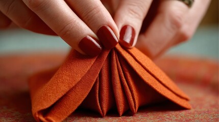 A close-up of hands folding an orange cloth napkin into an intricate decorative shape on a textured surface.