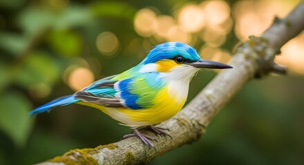 Obraz premium A vibrantly colored bird with striking plumage perched upon a lichen-covered branch in the forest.