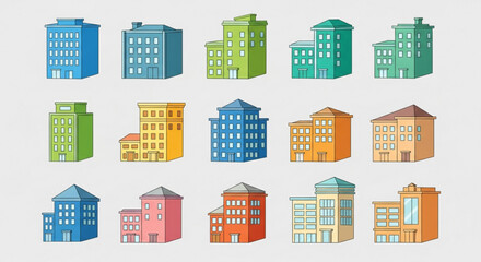 Collection of various building icons, showcasing diverse architectural styles in a clean and minimalist design