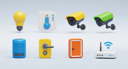 Smart home automation system with light bulb, thermostat, security camera, speaker, door lock, door, and router