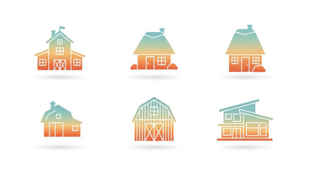 Collection of six gradient farm and house icons, showcasing a variety of architectural styles and rural charm