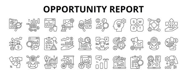 30 Opportunity Report Line Icons Vector - Forecast, Competitor Analysis, Potential, Segmentation, Opportunities, Investment, Profitability, Outcome, Demand