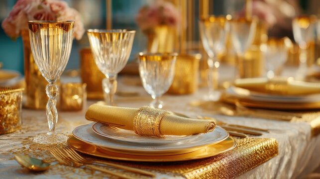 Elegant golden table setting with crystal glasses, gold-rimmed plates, and a textured napkin ring, perfect for a luxurious dining experience.