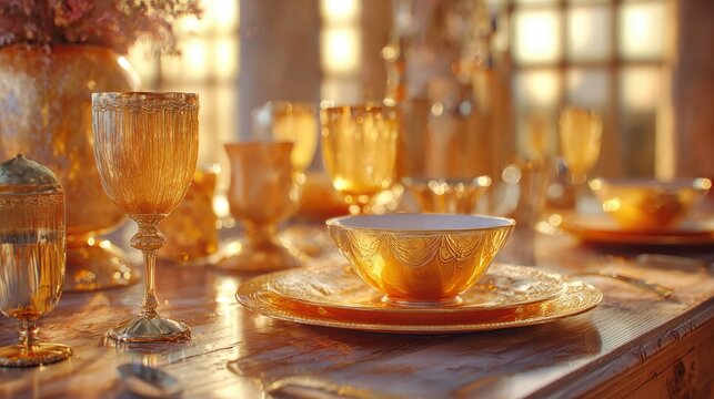 Elegant dining table set with golden glassware, plates, and bowls, illuminated by warm ambient light creating a luxurious and inviting atmosphere. - Powered by Adobe