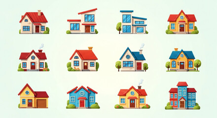 Collection of cartoon houses, showcasing a variety of architectural styles and colorful designs for real estate concepts