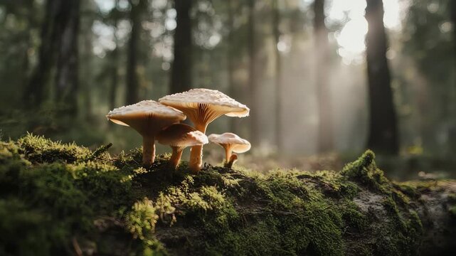A magical time-lapse captures the enchanting growth of small mushrooms on a forest log. A perfect visual for life, nature's cycles, and transformation.