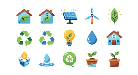 Ecofriendly icon set, featuring renewable energy sources and sustainable living for environmental conservation concepts