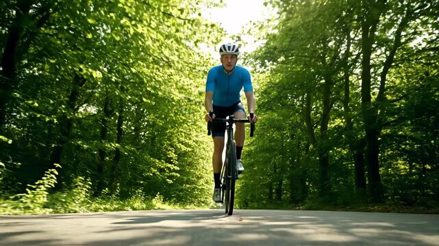 A cyclist rides towards the viewer on a sunlit road through a tunnel of lush green trees. The image captures a sense of speed