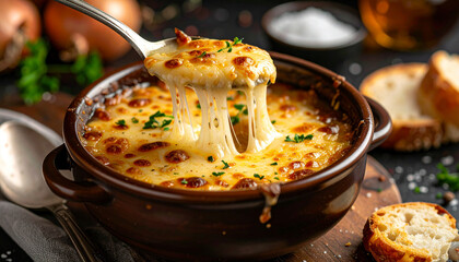 French onion soup with melted cheese crust, spoon breaking surface