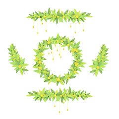 Wreath and garland of green branches with yellow fruits and golden pendants, digital drawing on a transparent background
