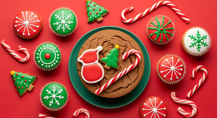 Top view of colorful Christmas cookies and cupcakes with festive decorations