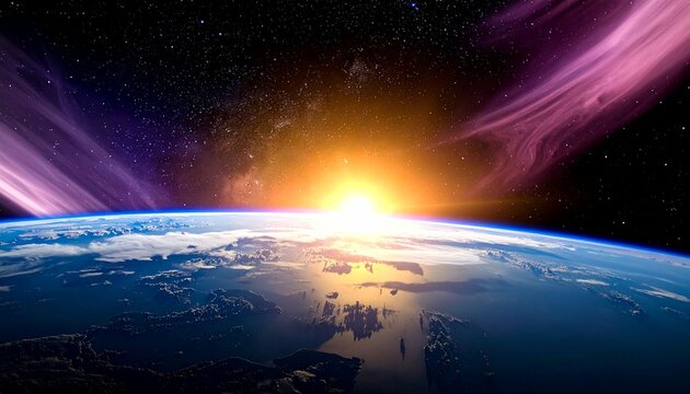 This CGI image depicts Earth from space, with a vivid depiction of a sunrise over the ocean. The sun is a brilliant, fiery orange at the horizon, casting a warm glow over the blue oceans and white clo