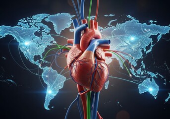A realistic human heart with tubes and wires is superimposed over a glowing digital world map, symbolizing global health and connectivity
