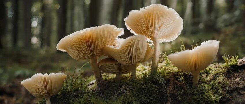 A magical time-lapse captures the enchanting growth of small mushrooms on a forest log. A perfect visual for life, nature's cycles, and transformation.
