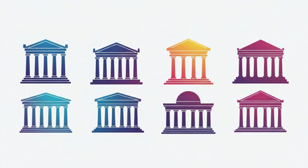 Collection of colorful gradient parthenon icons, showcasing ancient greek architecture and historical significance
