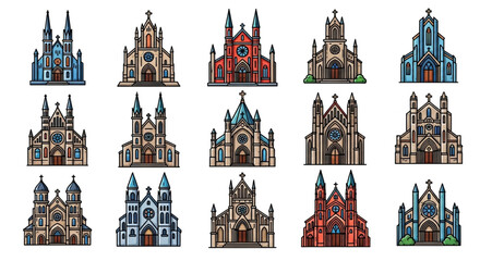 Collection of colorful church buildings, showcasing diverse architectural styles and religious symbolism in a vibrant display
