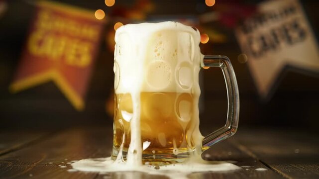 Overflowing Beer Mug - Refreshing Brew with Bubbles and Foam.