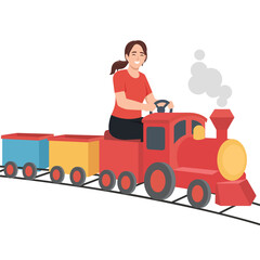 Woman riding and driving a colorful toy train on a track. Flat vector illustration isolated on white background