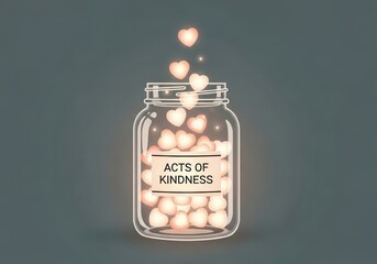 A glass jar filled with glowing hearts, symbolizing acts of kindness and love, with hearts floating out of the top