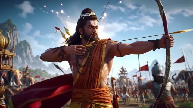 Lord Rama aiming his bow and arrow in a battlefield with an army behind him.