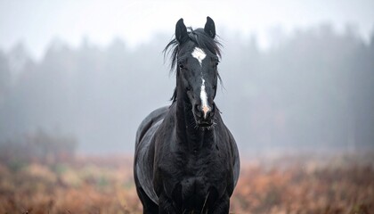 Photograph of a black horse standing in a misty, foggy field. The horse, facing left, has a sleek, shiny coat and a strong, muscular build. The background is a blurred mix of muted greens and browns, 