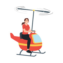 Woman flying a small red helicopter with yellow stripe and rotating blades. Flat vector illustration isolated on white background