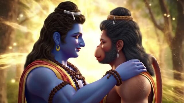 Lord Rama embraces Lord Hanuman in a divine spiritual moment.