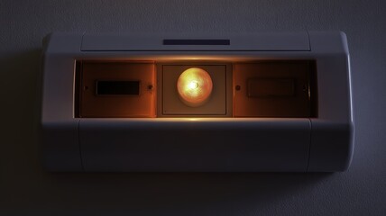 Fototapeta premium Close-up of a wall-mounted device with illuminated circular element and dark panels