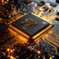 Glowing Microchip on Circuit Board