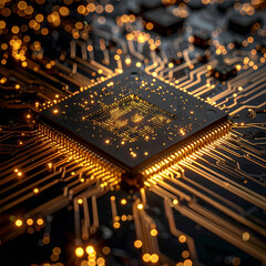 Glowing Golden Processor Chip