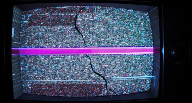 Cracked vintage TV screen, static noise, vibrant color