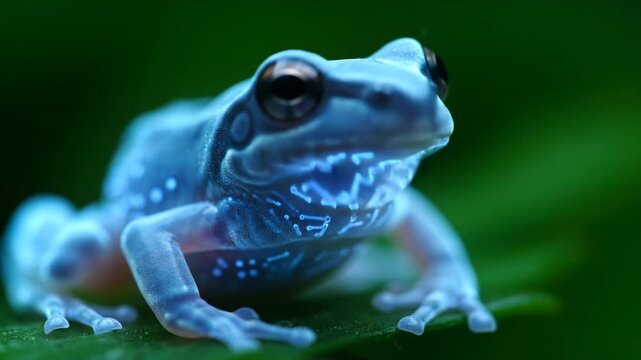A translucent frog with glowing patterns sits on a green leaf. Its body features complex, circuit-like designs
