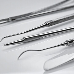 Sterile Stainless Steel Dental Instruments on White Surface