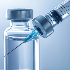 Medical syringe and vaccine vial with clear liquid on blue background
