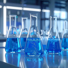 Blue Chemical Liquid in Laboratory Glass Flasks