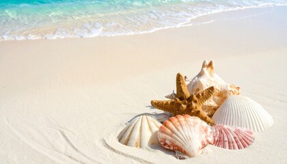 This photograph captures a serene beach scene. In the foreground, a cluster of assorted seashells, including starfish, scallop shells, and conch shells, lies on the pristine, pale beige sand. The shel