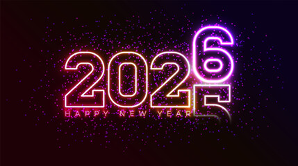 2026 Happy New Year Greeting Card Design with Glowing Neon Light Number and Typography Lettering on Dark Sparkle Background. Vector Christmas Holiday Season Illustration for Calendar, Celebration
