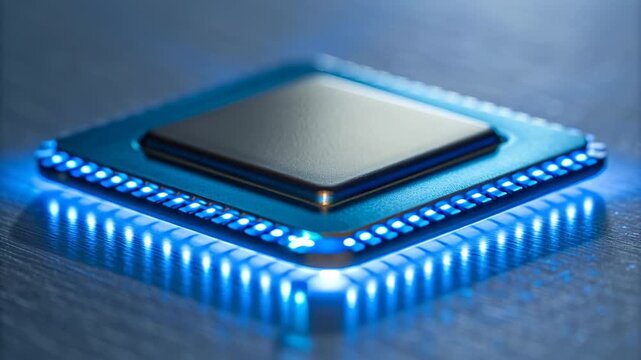 Microchip with illuminated edges on a metallic surface, showcasing technology and innovation.