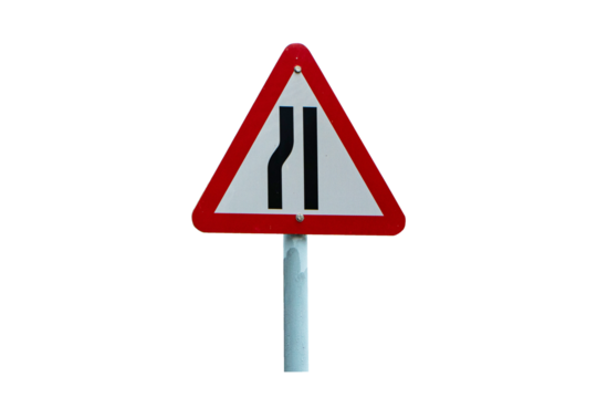 Triangle road sign aluminum warning left narrow on road isolated on cutout PNG or transparent background. Traffic sign symbols to warn passing vehicles to be careful in driving area.