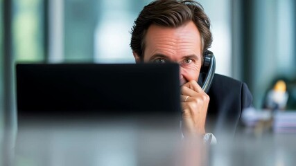 Stressed and shocked businessman talking emotionally on the phone in the office - Powered by Adobe