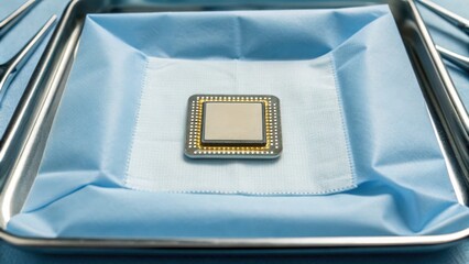 Surgical instrument on a sterile tray with blue cloth background.