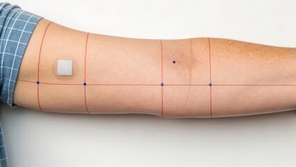 Arm with measurement grid and sensor patch for monitoring purposes.