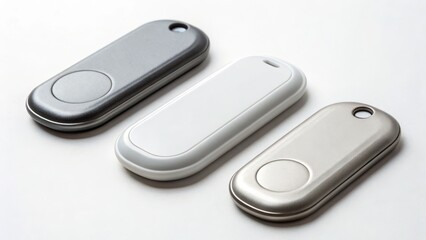 Three sleek, modern remote controls in silver, white, and gray colors.