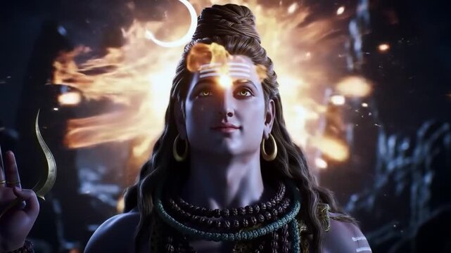 Lord Shivas Divine Third Eye Opens Amidst Cosmic Flames.