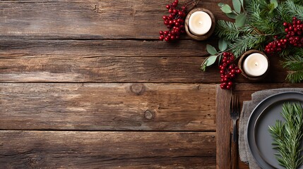 Elegant wooden dining table set for a joyful Christmas dinner celebration, copy space