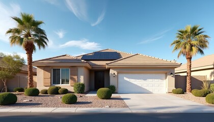Fototapeta premium Modern suburban home solar panels installed on roof. Beige exterior. Desert landscaping with round green bushes, tall palm trees. Two car garage visible. Bright blue sky over Las Vegas. Property