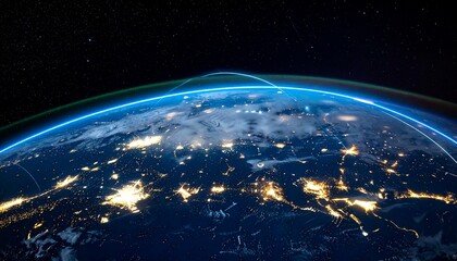A photograph captures Earth from space at night, focusing on the curvature of the planet. The illuminated city lights form a glowing patchwork across the continent, contrasting against the dark, star-